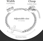 Cross Bracelet for Men - Stainless Steel Adjustable 5MM Cuban/Figaro Link Chain Cross Bracelet Non Tarnish 7+2 Inches, Christian Religious Jesus Confirmation Jewelry Gifts for Men