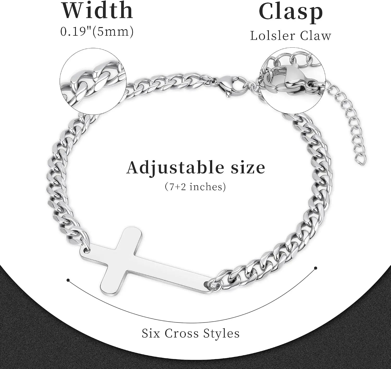 Cross Bracelet for Men - Stainless Steel Adjustable 5MM Cuban/Figaro Link Chain Cross Bracelet Non Tarnish 7+2 Inches, Christian Religious Jesus Confirmation Jewelry Gifts for Men