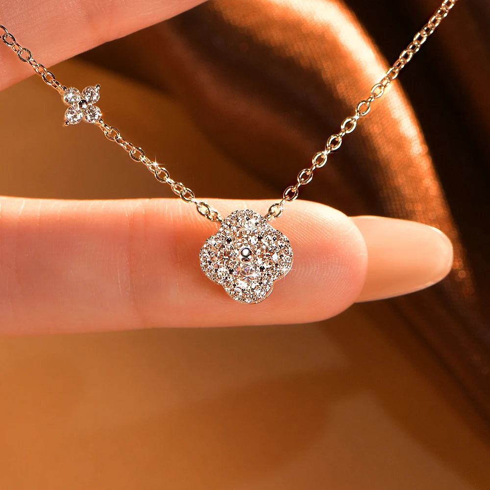 OXTAO 14K Gold Filled Clover Pendant Necklace 3mm D Color VVS1 Sweet Moissanite Four-leaf Flower Jewelry for Women Girls Birthday Gift