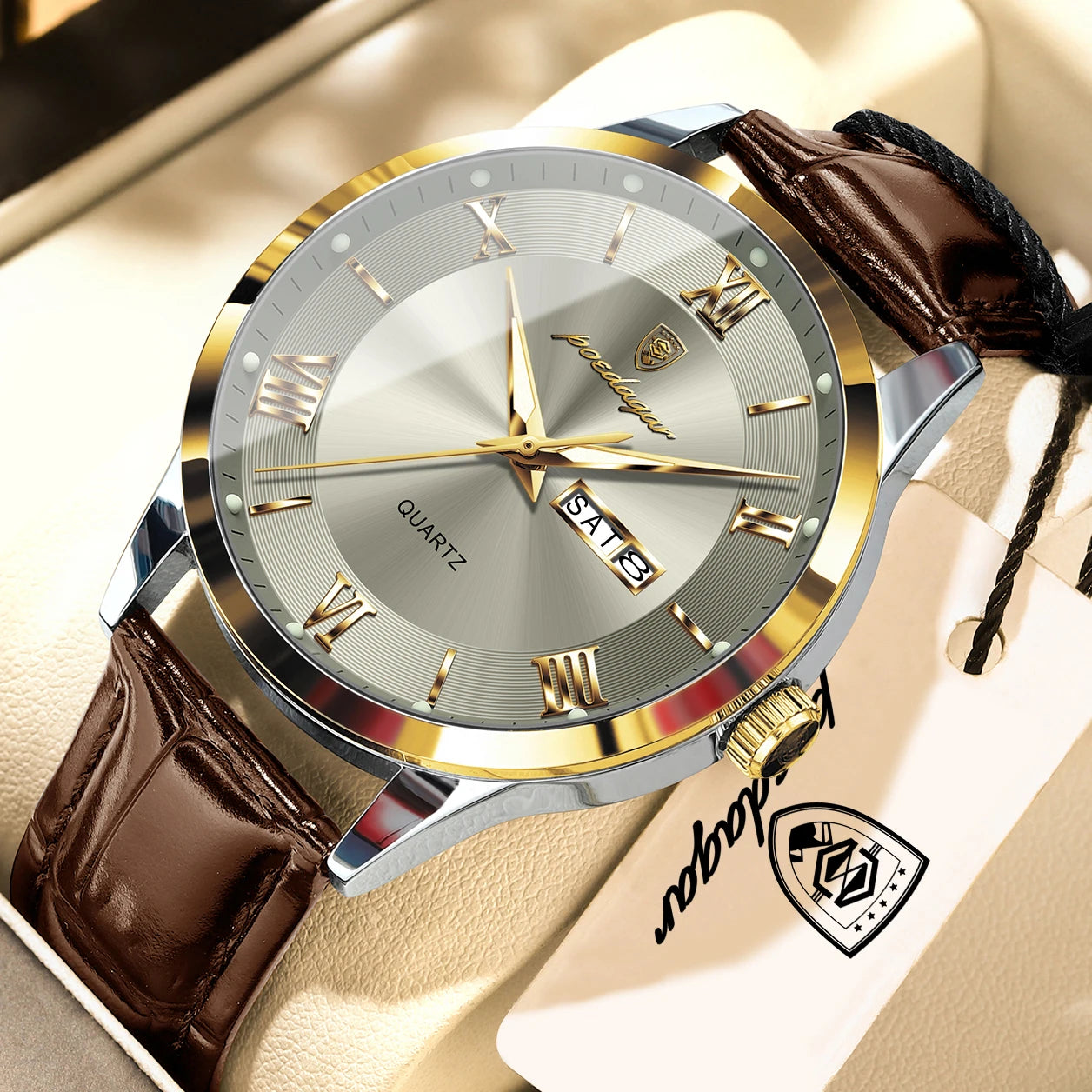 POEDAGAR Original Fashion Men's Watches Leather Date Week High Quality Quartz Men Wristwatch Waterproof Luminous Business Watches For Man Male Reloj