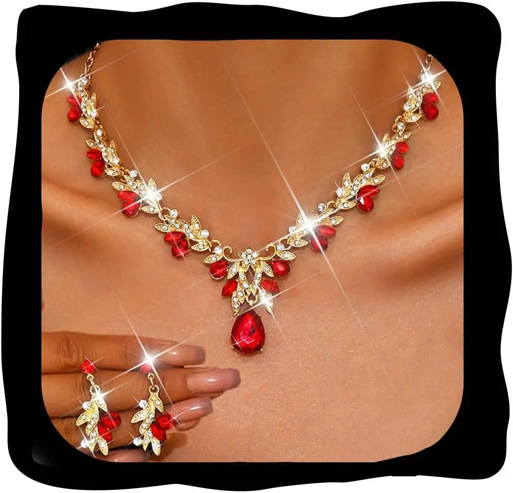 Unicra Rhinestone Bridal Wedding Jewelry Sets Gold Necklace Earrings Set Leaf Prom Formal Costume Jewelry Set for Women and Brides