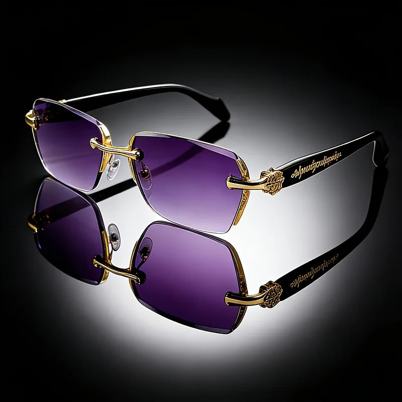 New classic retro square frameless small frame trendy daily casual wear sunglasses, metal frame + PC lenses, unisex street sunglasses, simple and advanced sense, light and no nose pressure, showing a small face artifact