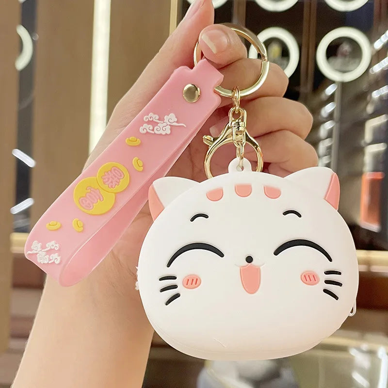 Portable Data Cable Earphone Organizer Coin Key Pouch Cute Cartoon Cat Silicone Coin Purse with Keyring Kawaii Kids Coin Bag