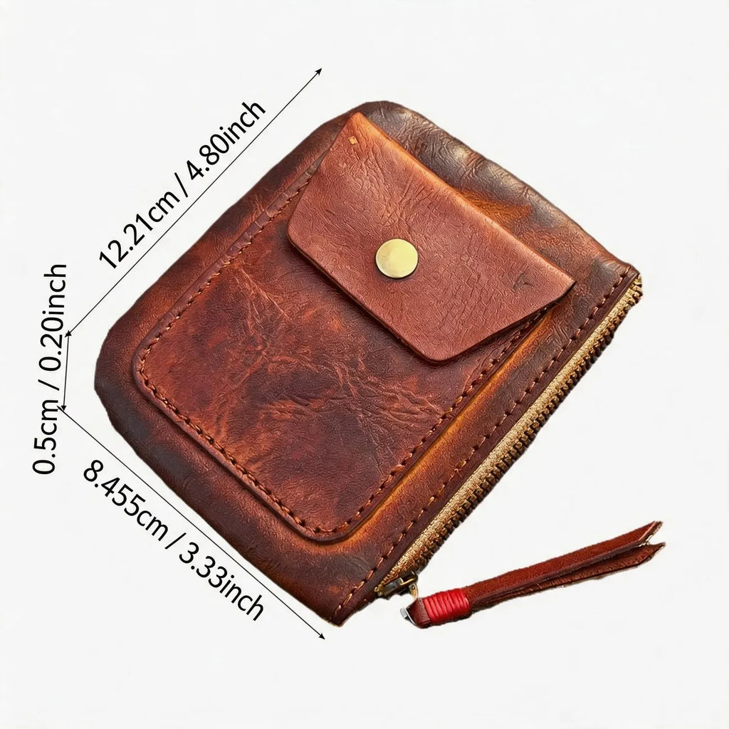 Retro Leather Coin Purse Card Wallet, Compact Zip Pouch with Keychain for Men and Women