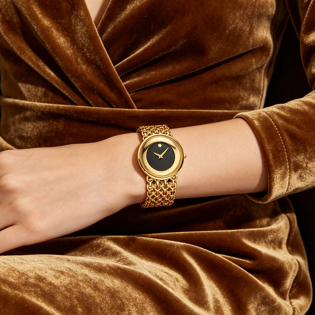 YaLaLuSi Full Gold Hollow Chain Ladies Watch Minimal Rhinestone Dot Dial Luxury Quartz Wristwatch Elegant Women  Gift