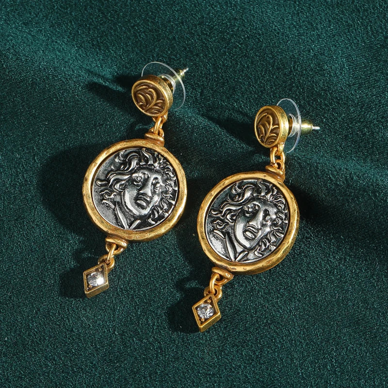 Vintage Gold Color Crystal Drop Dangle Earrings For Woman Carving Cameo Head Coin Antique Jewelry Luxury Designer Retro Accessories 2026