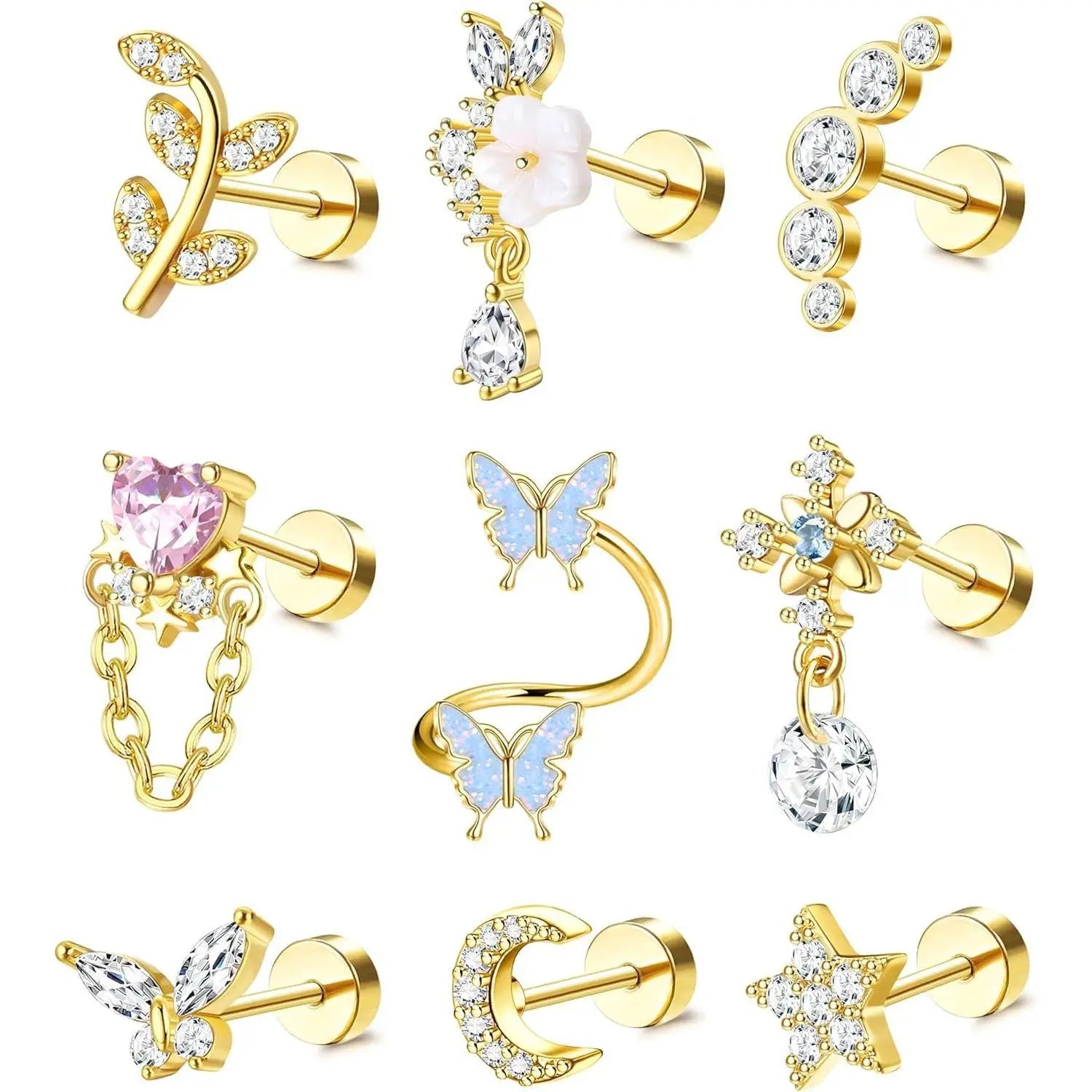 9Pcs 16G Cartilage Earrings Helix Earrings for Women Stainless Steel Helix Piercing Jewelry Leaf Butterfly CZ Studs Flat Back Cartilage Earrings Set