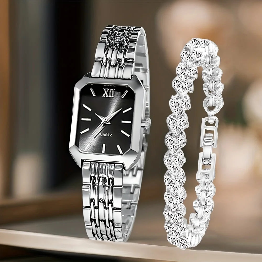 2PCS Fashion Rectangle Women Quartz Watch Rhinestone Bracelet Set Ladies Roma Dial Wristwatch Reloj Mujer Girls Clock Gift mbzr
