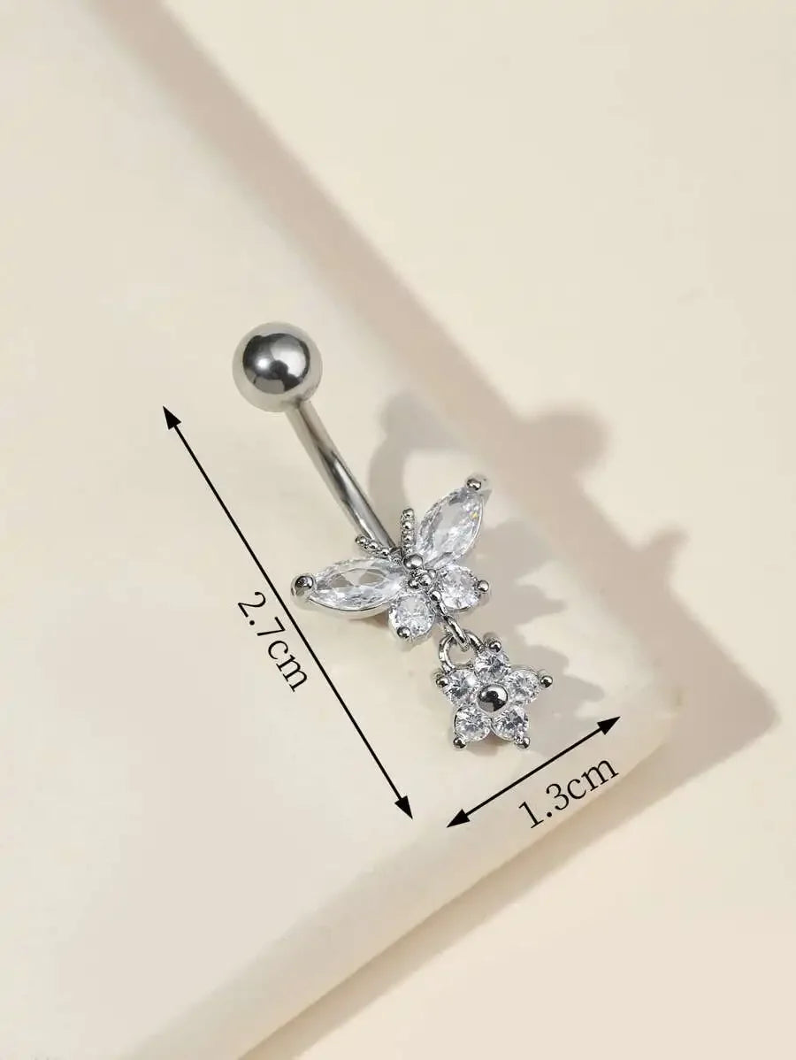 Rhinestone Butterfly Navel Belly Ring Stainless Steel Body Jewelry For Adults