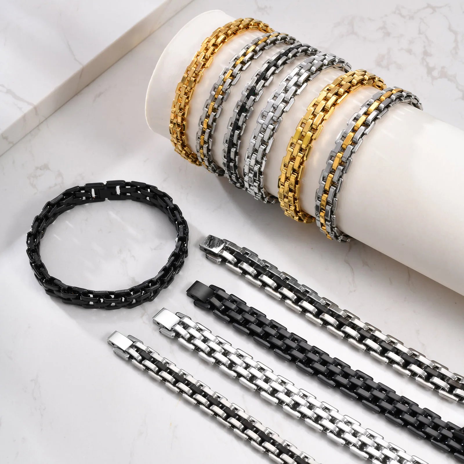 Vnox Trendy Strap Chain Bracelets For Men Boys Stainless Steel Links Thick Wtach Band Wristband Punk Hand Jewelry