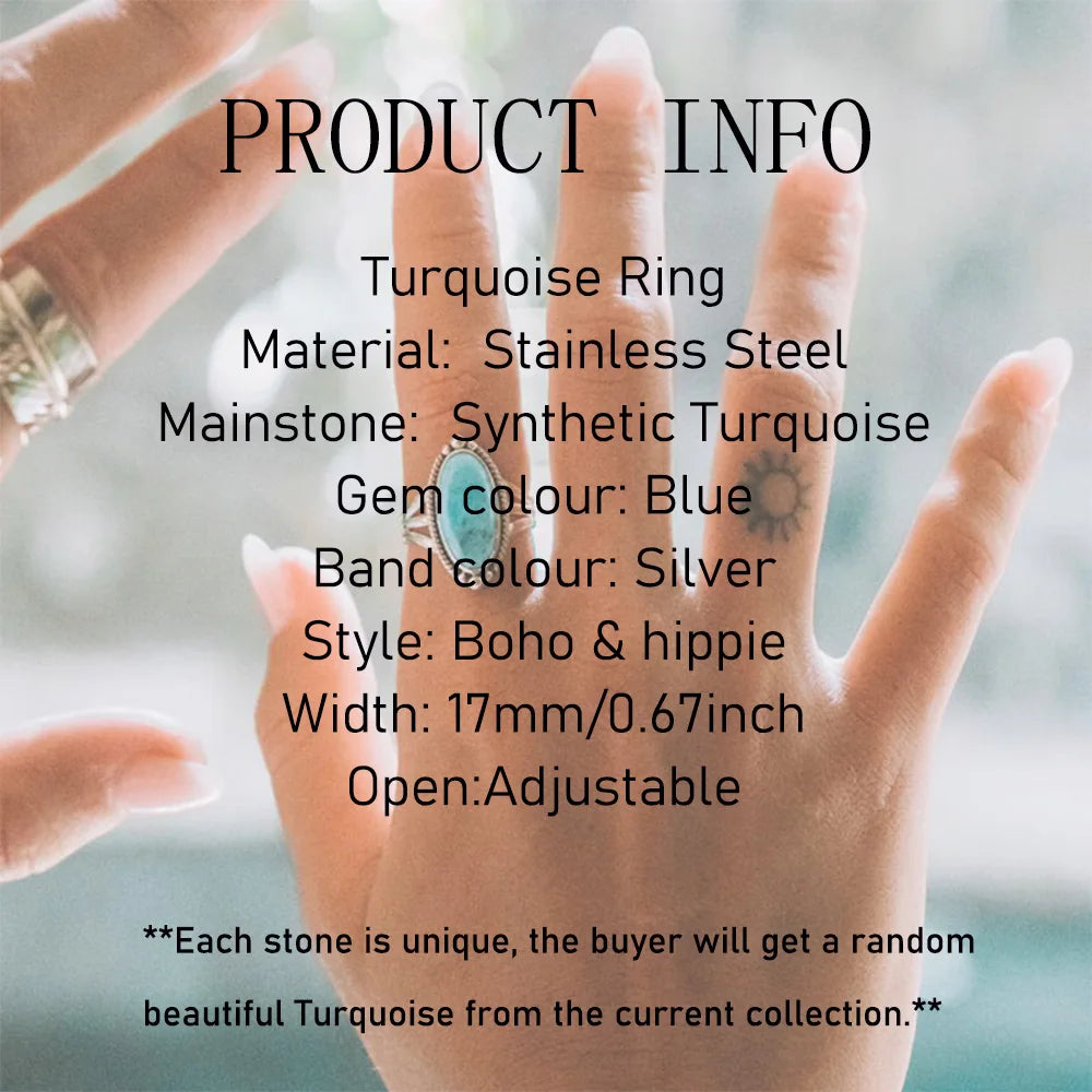 1pc Stainless Steel Boho Turquoise Open Finger Rings Trendy Adjustable Women Multi Layers Stackable