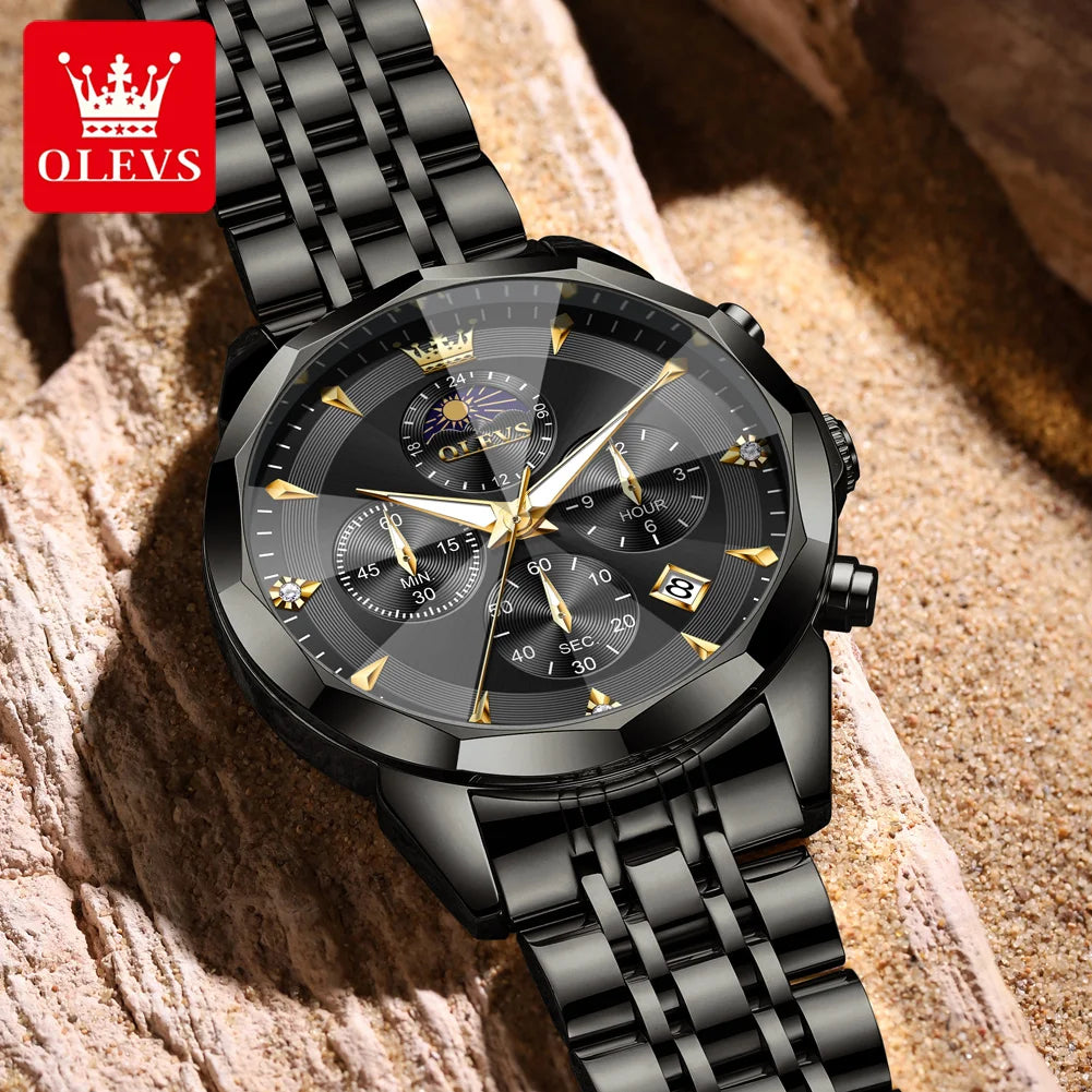 OLEVS 3673 Original Fashion Moon Phase Men's Watches Waterproof Chronograph Quartz Watch Stainless steel Calendar Wristwatch mbzr