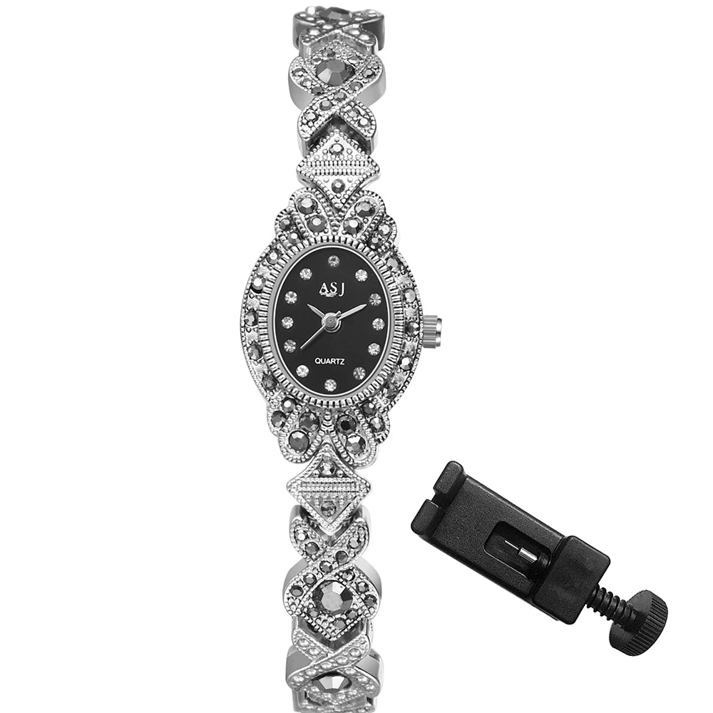 LANCARDO Women's Diamond Bracelet Watch Black Shiny Diamond Vintage Floral Dial Quartz Silver Black Women's Small Watch