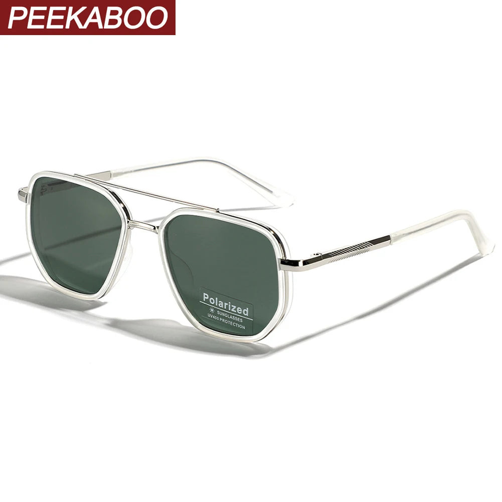 Peekaboo TR90 Polarized Sunglasses Men Retro Style Metal Square Sun Glasses for Women Double Bridge Driving Green Black UV400
