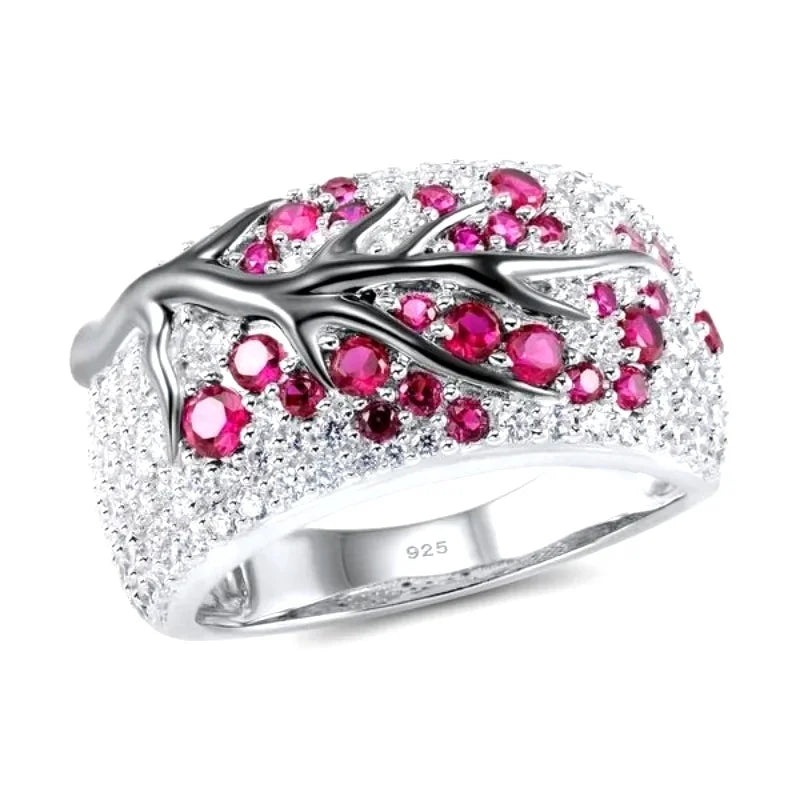 S925 Silver Plated Plum Blossom Ring for Women Classic Stainless Steel Diamond Inlay Oil Drawing Lady's Jewelry Size 6-11