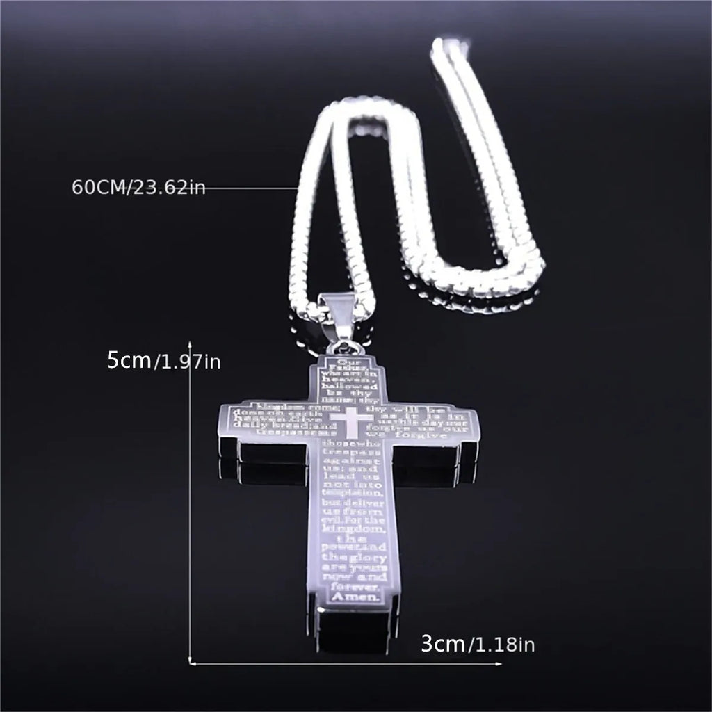 1pc Stainless Steel Cross Pendant Engraved Bible Necklace For Men Women Catholic Prayer Lucky Amulet Jewelry