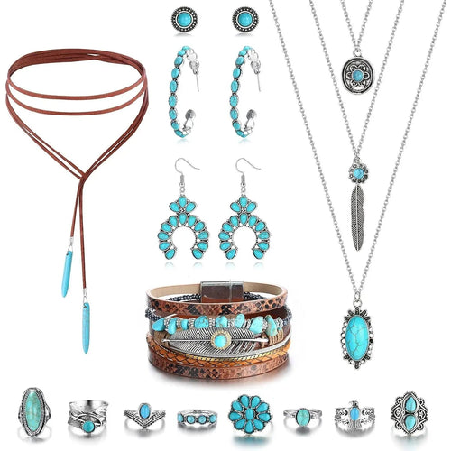 Bohemian Turquoise Jewelry Set Pendant Choker Necklace Faux Leather Cuff Bracelet Hoop Dangle Earrings mbzr