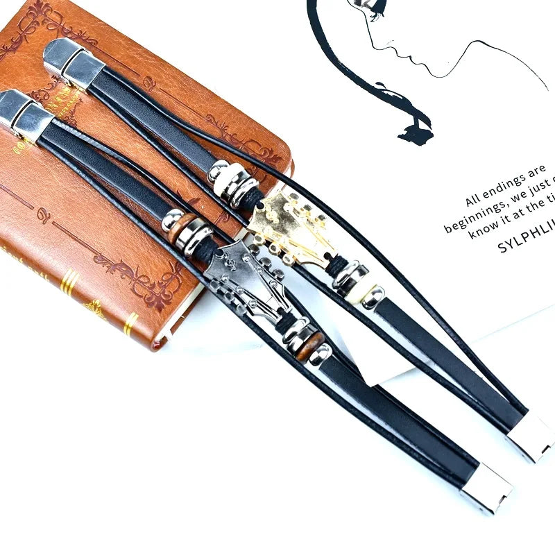 Guitar Headstock Leather Wrap Bracelet for Men Women, Vintage Multi Layer Black PU Leather Wooden Bead Music Note Cuff Wristband, Rock Punk Music Lover Jewelry Gift for Concert Birthday Daily Party