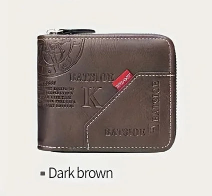 Men's Retro Faux Leather Wallet – Letter Embossed Zipper Wallet with Card Slots & Photo Holder mbzr